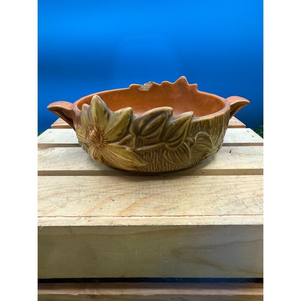 Vintage Roseville Clematis Bowl ArtDeco Floral Pottery-1940-Small Chip